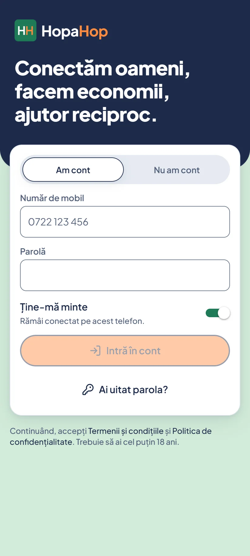 Intrarea în aplicație